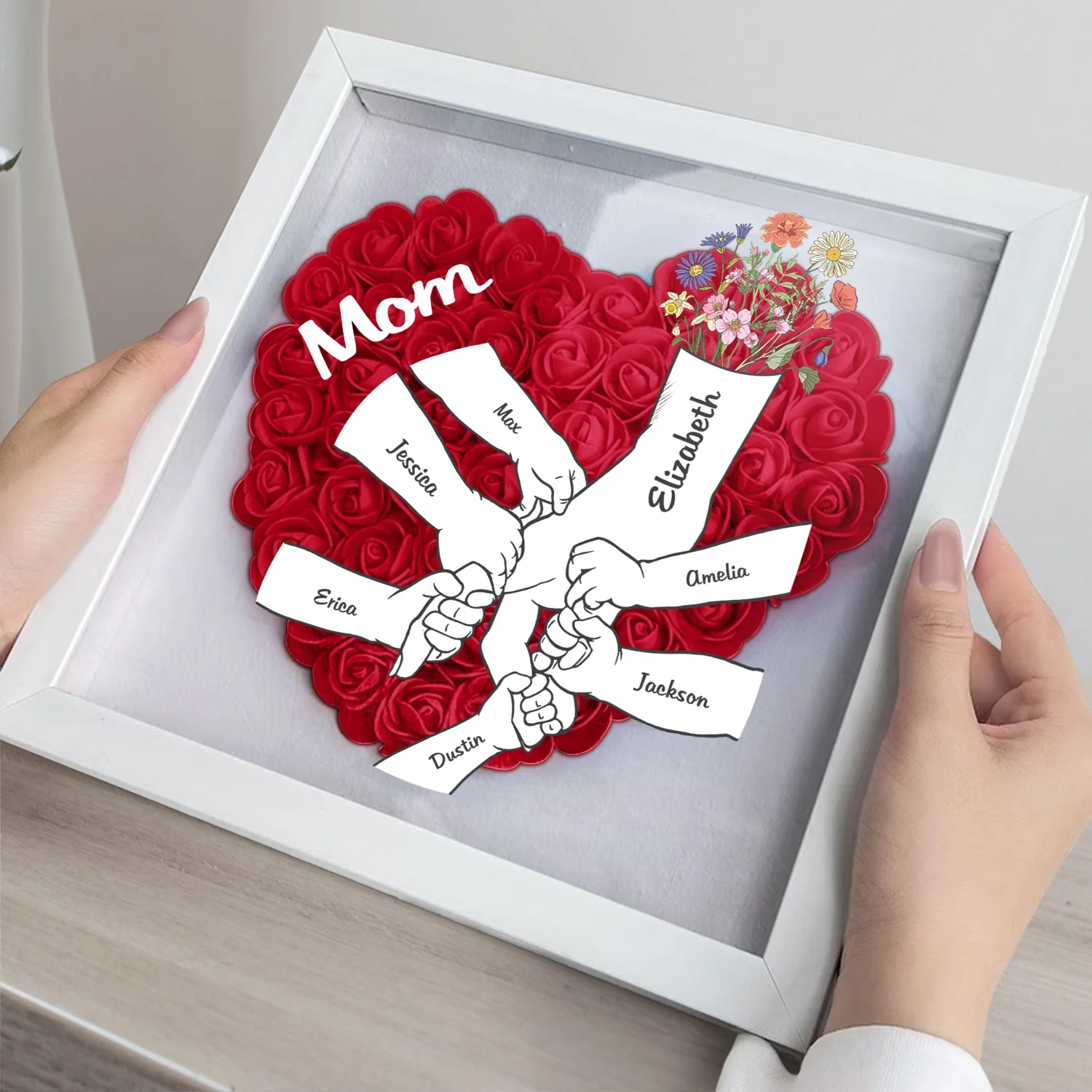 Mom Grandma Kids Hand In Hand - Gift For Mother, Grandmother - Personalized Flower Shadow Box - Image 3