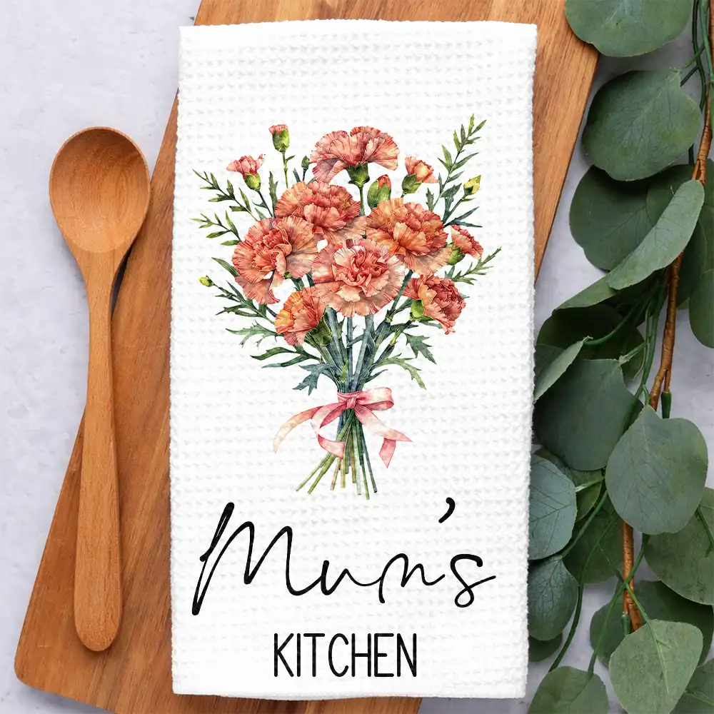 Mom Grandma Kitchen Watercolor Birth Flower Bouquet - Personalized Kitchen Towel - Image 2