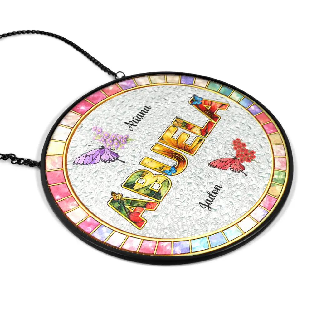 Mom Grandma Nana Floral Butterflies - Personalized Stained Glass Window Hanging Suncatcher - Image 2
