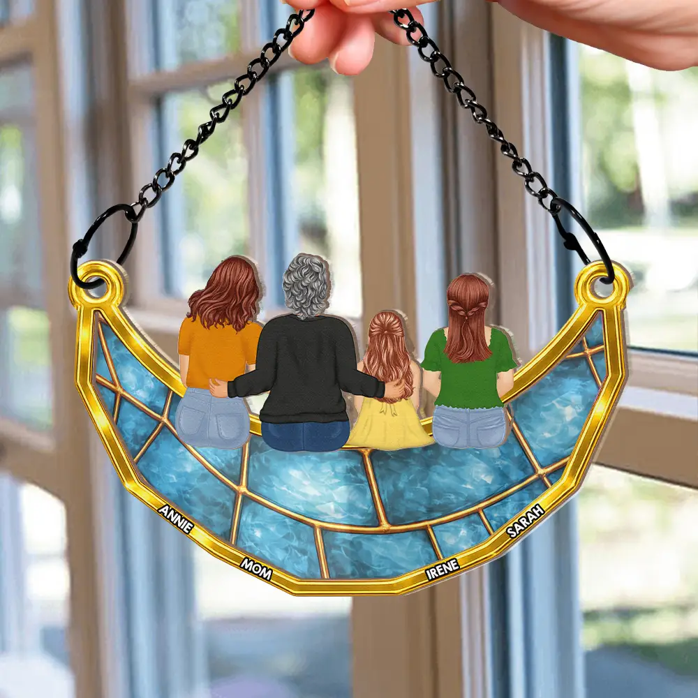 Mom Grandma Sitting On The Moon Stained Glass Effect - Personalized Window Hanging Suncatcher Ornament - Image 2