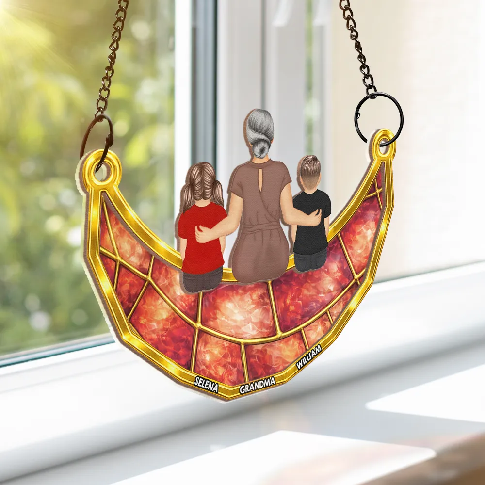 Mom Grandma Sitting On The Moon Stained Glass Effect - Personalized Window Hanging Suncatcher Ornament - Image 4
