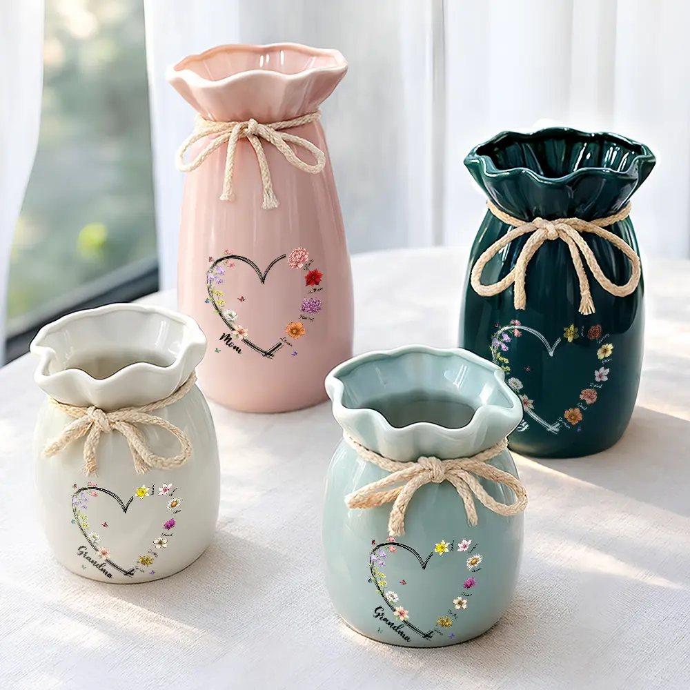 Mom Grandma Sweetheart Birth Month Flower - Personalized Ribbon Tie Flower Vase - Image 2