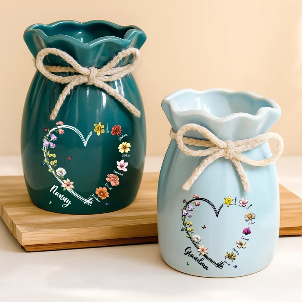 Mom Grandma Sweetheart Birth Month Flower - Personalized Ribbon Tie Flower Vase - Image 3