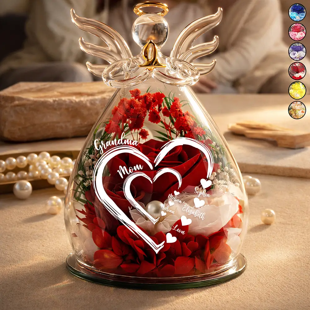 Mom Grandma Sweethearts - Personalized Flower In Glass Angel Figurine - Image 2