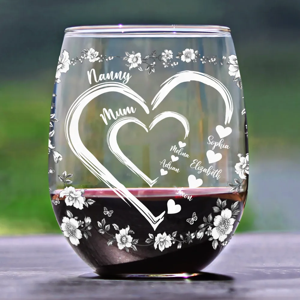 Mom Grandma Sweethearts Toile - Personalized Stemless Wine Glass - Image 2