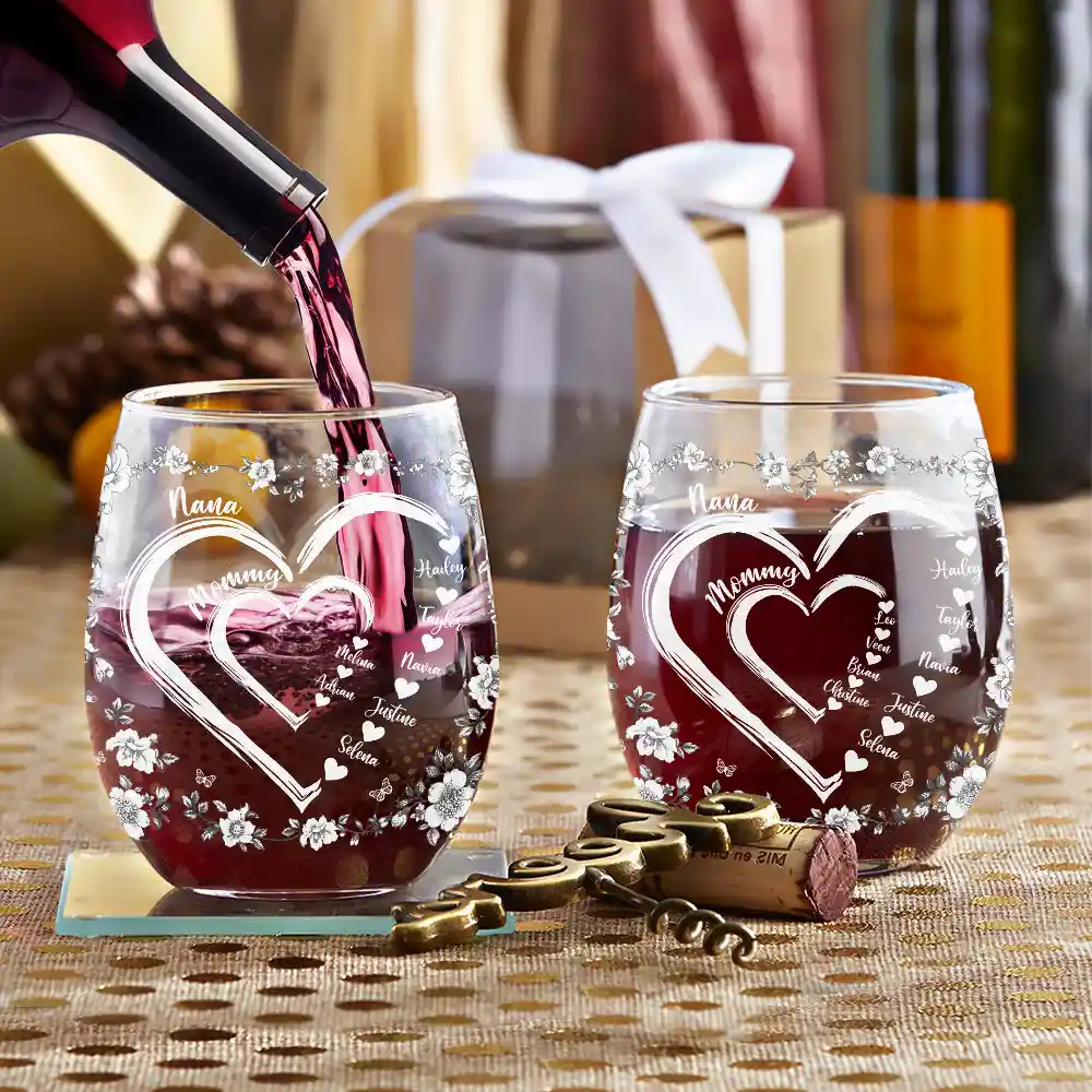 Mom Grandma Sweethearts Toile - Personalized Stemless Wine Glass - Image 3