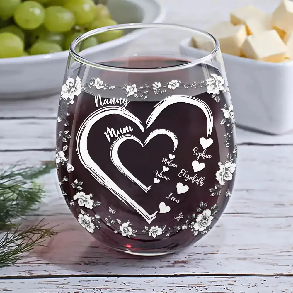 Mom Grandma Sweethearts Toile - Personalized Stemless Wine Glass - Image 6