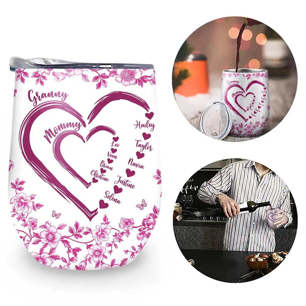 Mom Grandma Sweethearts Toile - Personalized Wine Tumbler - Image 2