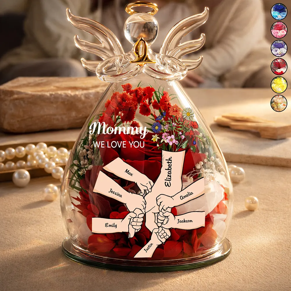Mom Grandma We Love You - Personalized Flower In Glass Angel Figurine - Image 2