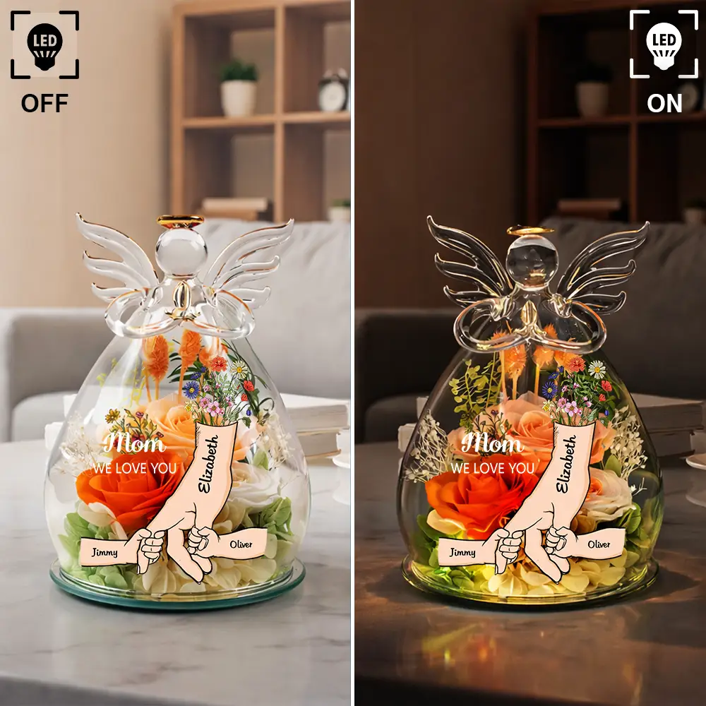 Mom Grandma We Love You - Personalized Flower In Glass Angel Figurine - Image 5