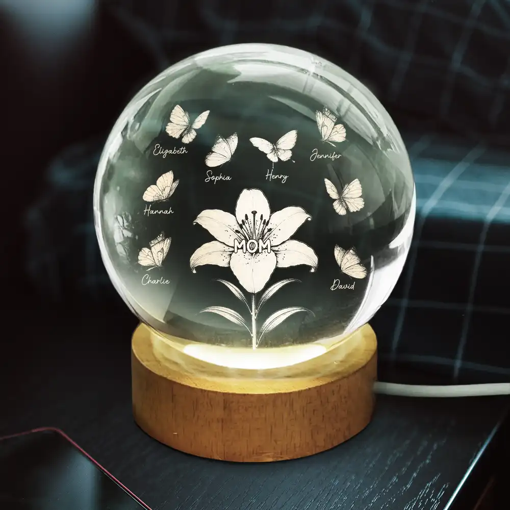 Mom Grandma's Birth Flowers And Butterflies - Personalized Crystal Globe Lamp - Image 3