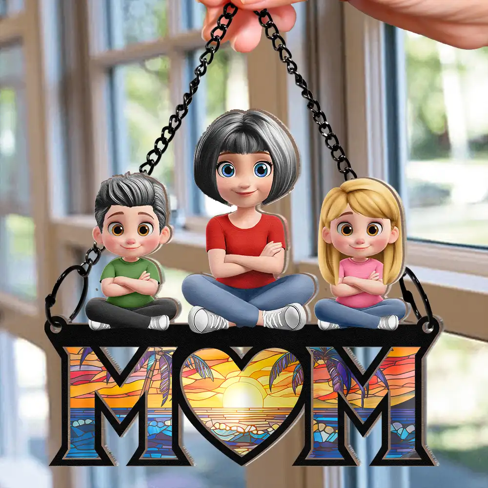 Mom & Kids We Love You 3D Version Sitting - Personalized Window Hanging Suncatcher Ornament - Image 2
