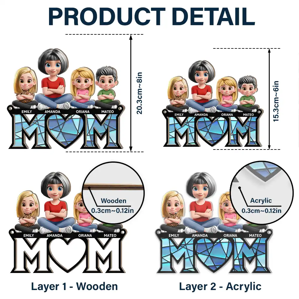 Mom & Kids We Love You 3D Version Sitting - Personalized Window Hanging Suncatcher Ornament - Image 5