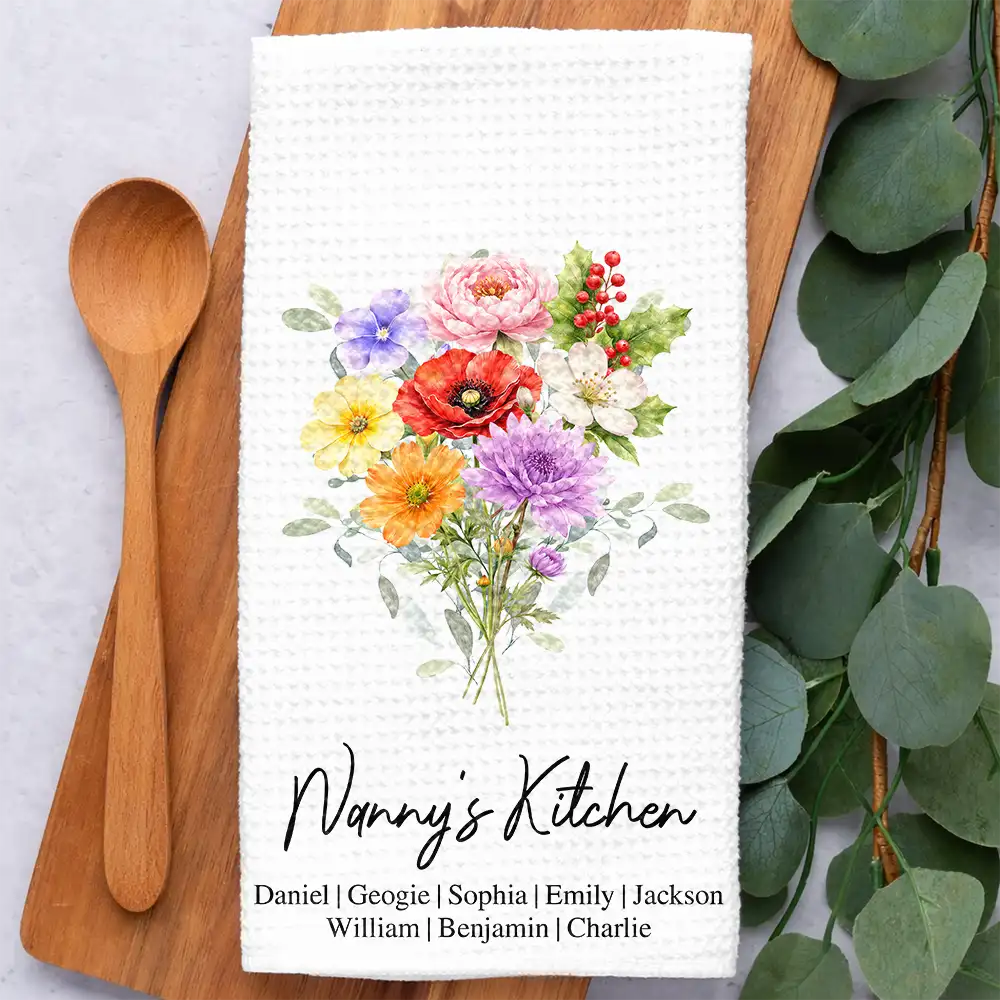Mom Mum Grandma Kitchen Watercolor Birth Flower - Personalized Kitchen Towel - Image 2