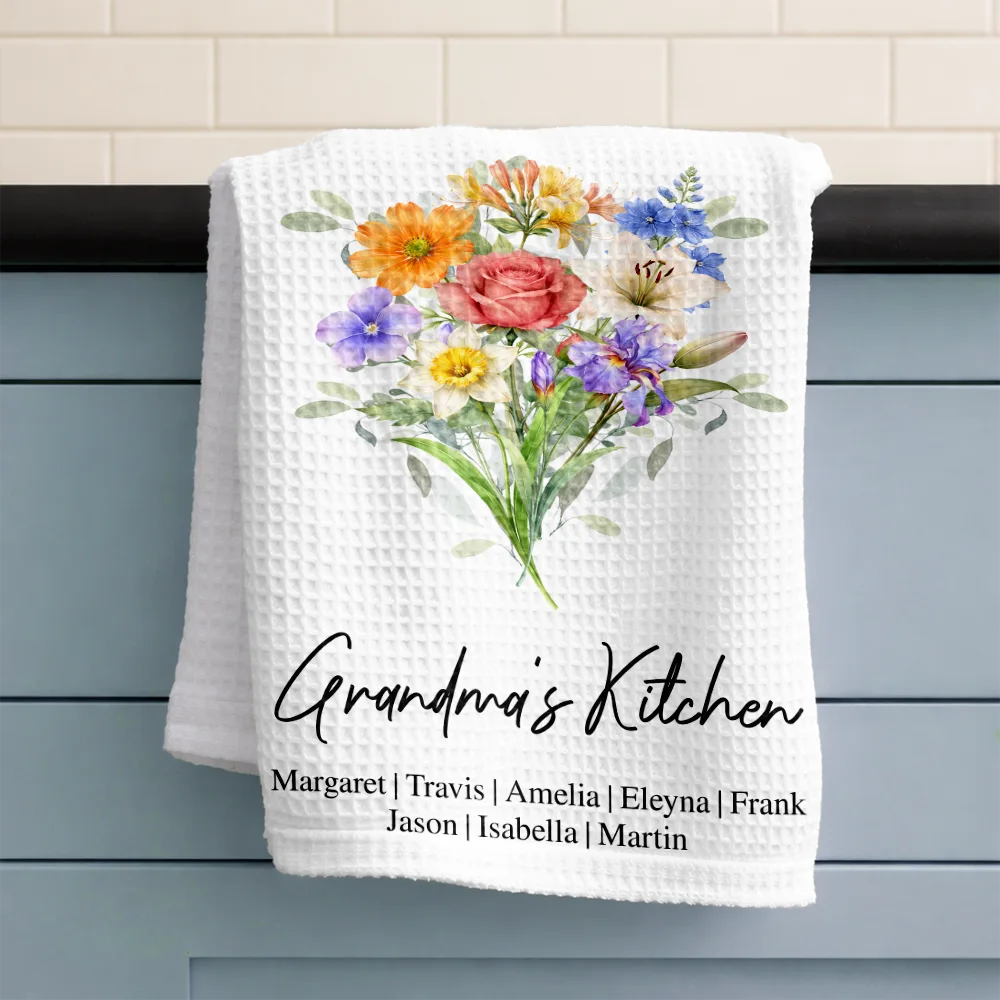 Mom Mum Grandma Kitchen Watercolor Birth Flower - Personalized Kitchen Towel - Image 3