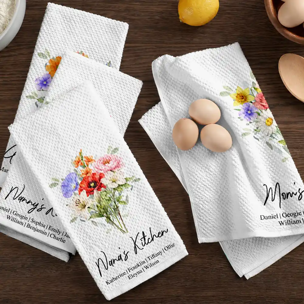 Mom Mum Grandma Kitchen Watercolor Birth Flower - Personalized Kitchen Towel - Image 6