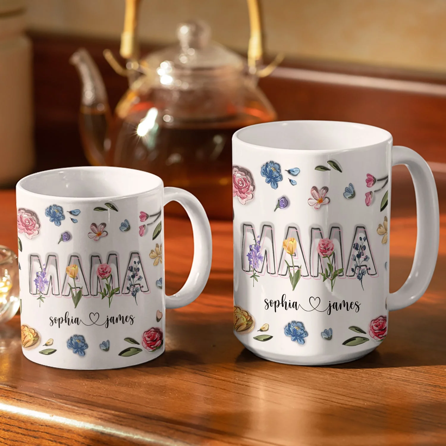 Mom, Nana Flowers - Gift For Mommy, Grandma - 3D Inflated Effect Printed Mug, Personalized White Edge-to-Edge Mug - Image 3