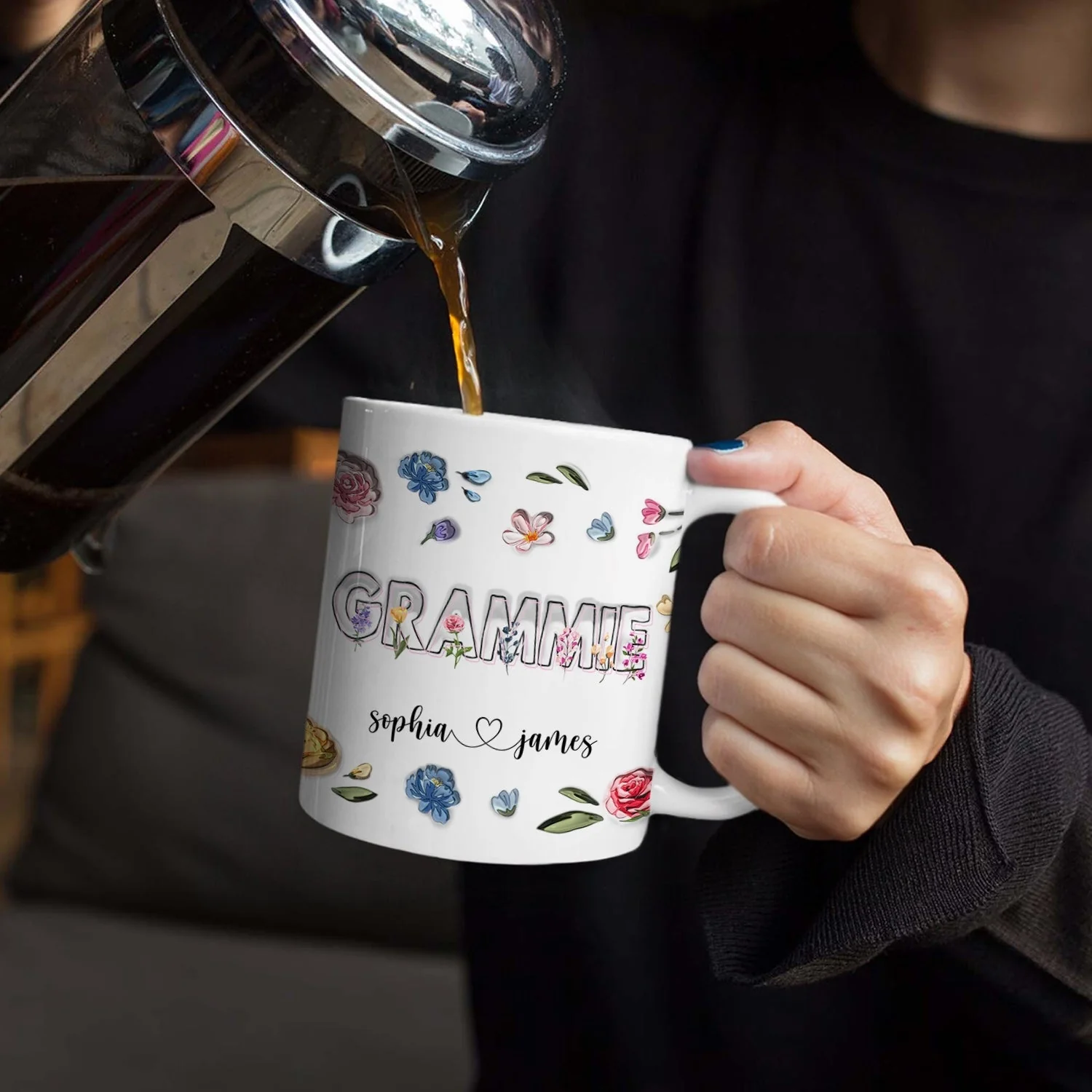 Mom, Nana Flowers - Gift For Mommy, Grandma - 3D Inflated Effect Printed Mug, Personalized White Edge-to-Edge Mug - Image 4