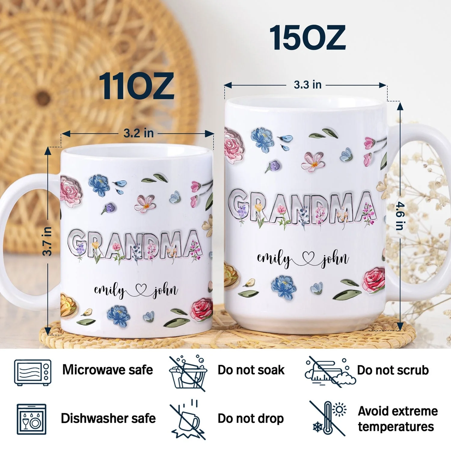 Mom, Nana Flowers - Gift For Mommy, Grandma - 3D Inflated Effect Printed Mug, Personalized White Edge-to-Edge Mug - Image 5