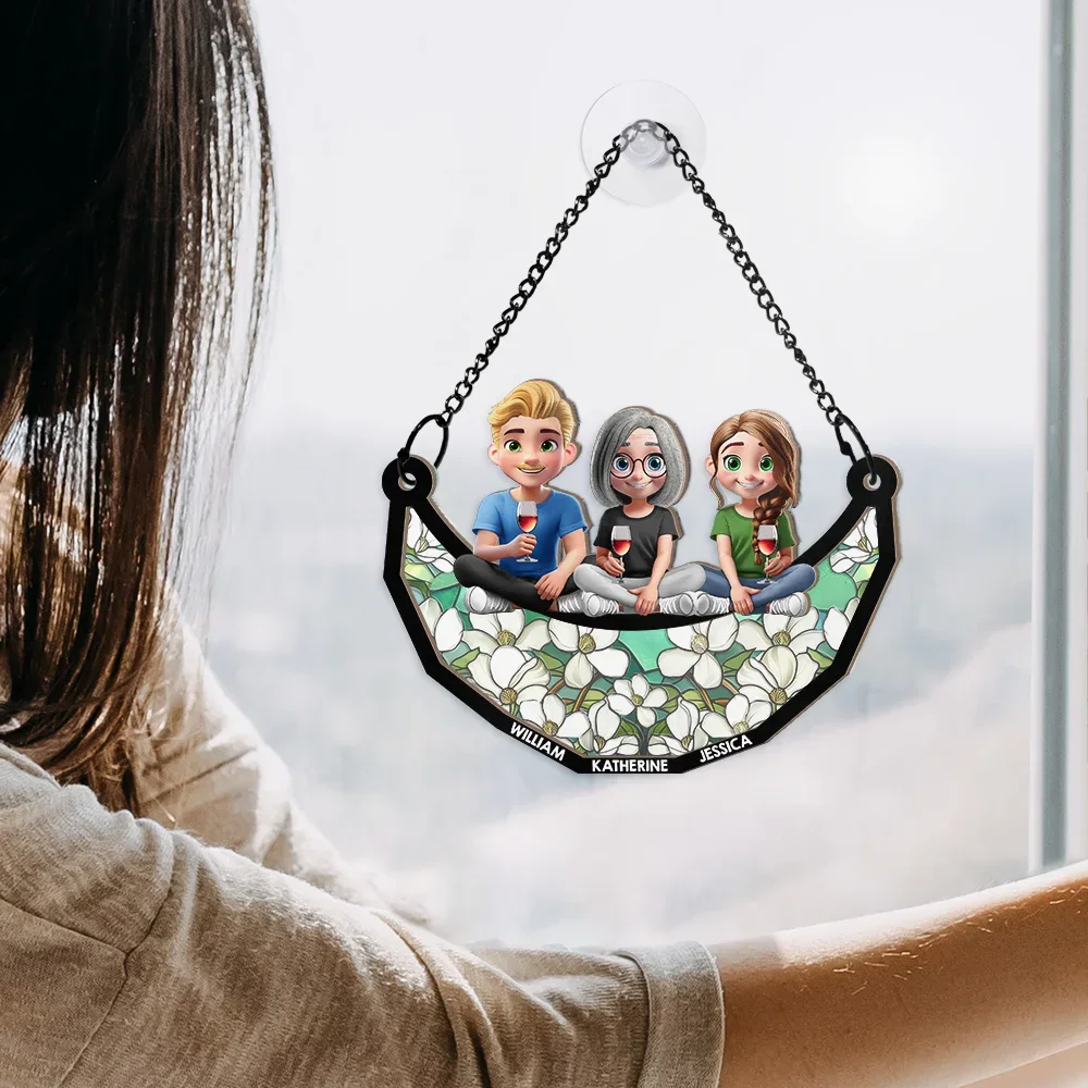 Mom Nana Sitting With Children On The Moon - Personalized Window Hanging Suncatcher Ornament - Image 4