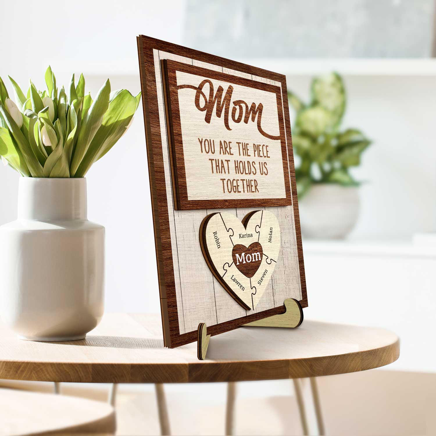 Mom Puzzle Pieces - Gift For Mother, Family - Personalized 2-Layered Wooden Plaque With Stand - Image 3