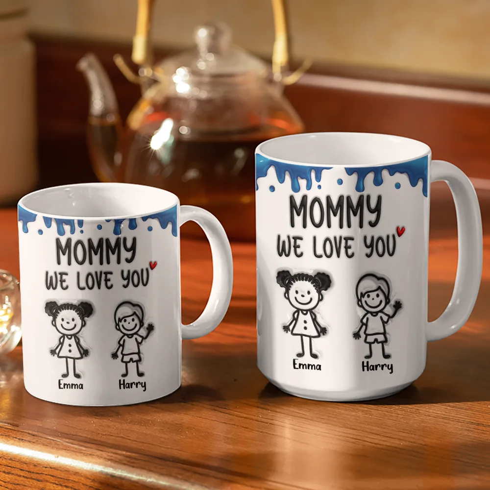 Mom We Love You 3D Inflated Effect Stick Figure - Personalized White Edge-to-Edge Mug - Image 3