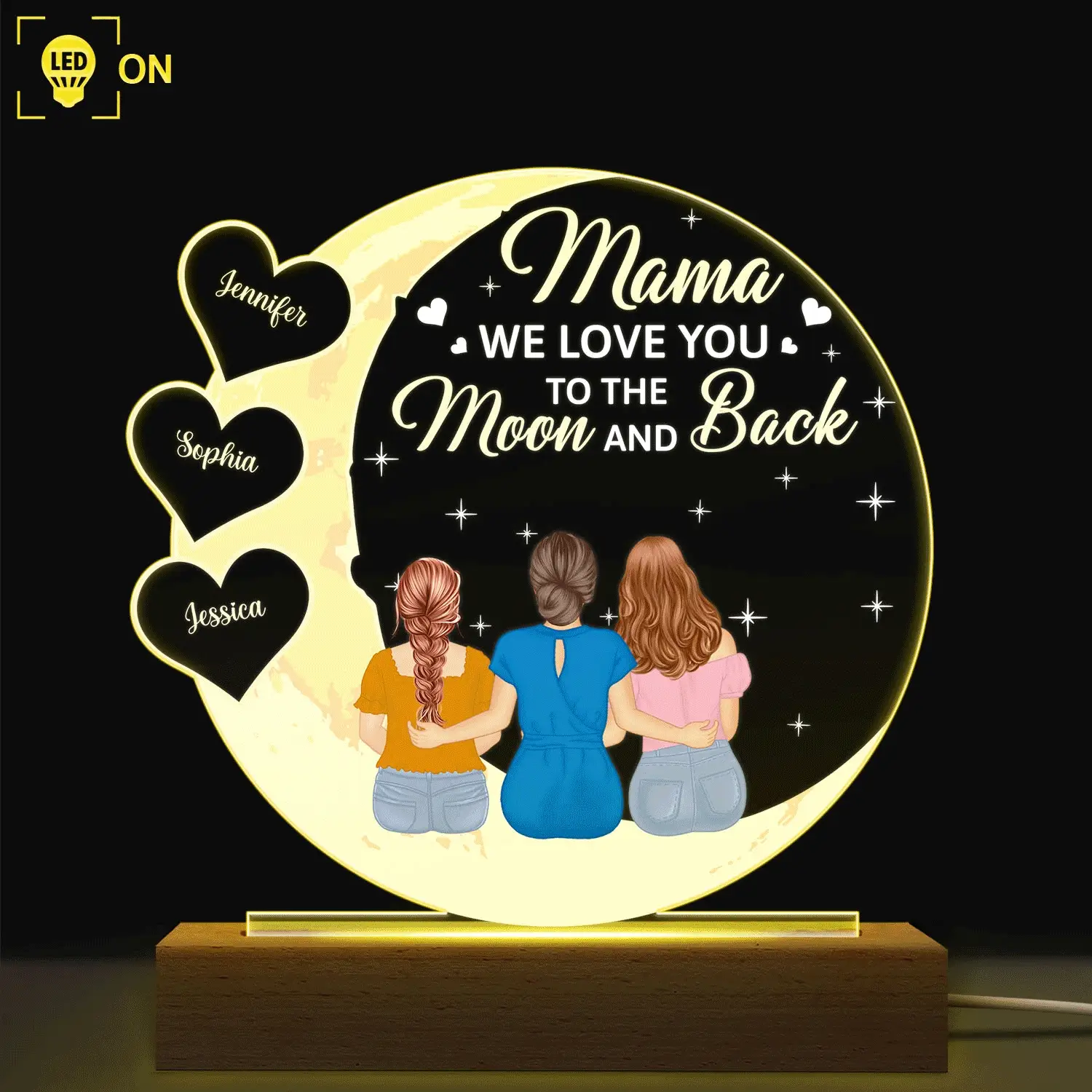 Mom We Love You To The Moon And Back - Birthday, Loving Gift For Mother, Mum - Personalized 3D Led Light Wooden Base - Image 2