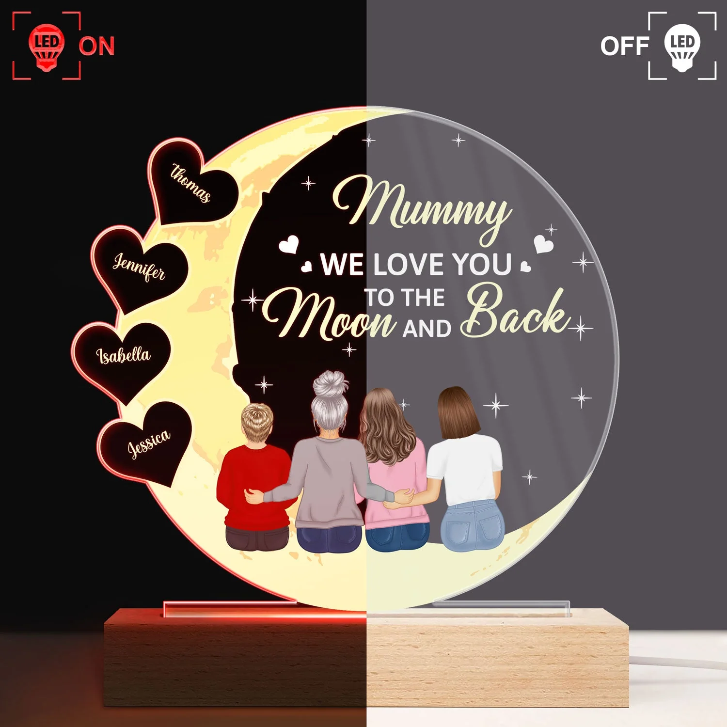 Mom We Love You To The Moon And Back - Birthday, Loving Gift For Mother, Mum - Personalized 3D Led Light Wooden Base - Image 3