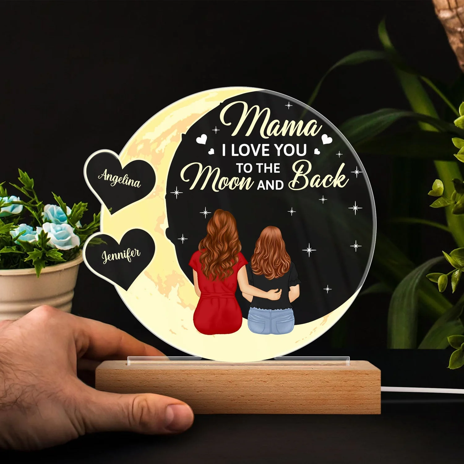 Mom We Love You To The Moon And Back - Birthday, Loving Gift For Mother, Mum - Personalized 3D Led Light Wooden Base - Image 4