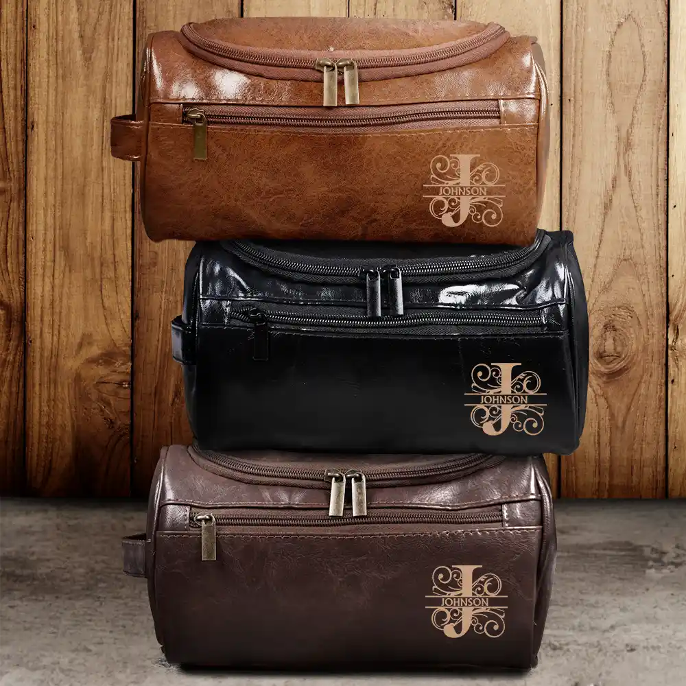 Monogram Family Name - Personalized Leather Toiletry Bag - Image 2
