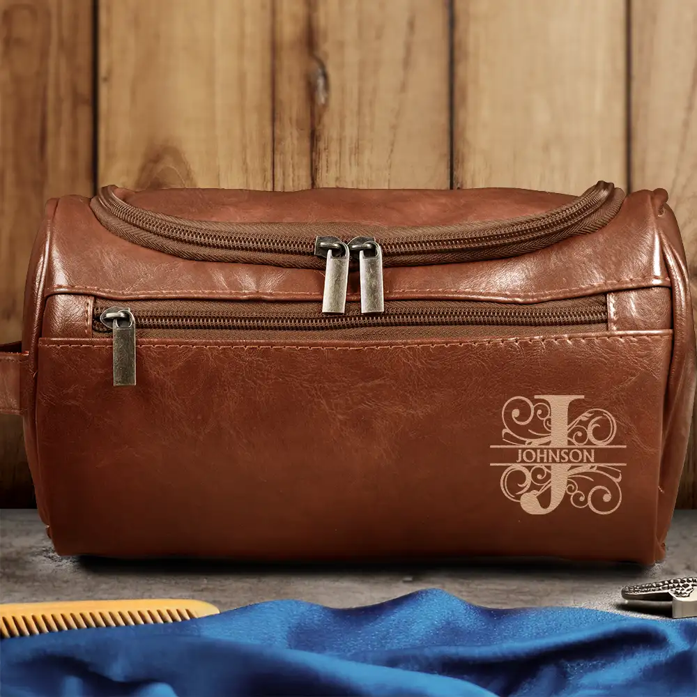 Monogram Family Name - Personalized Leather Toiletry Bag - Image 3