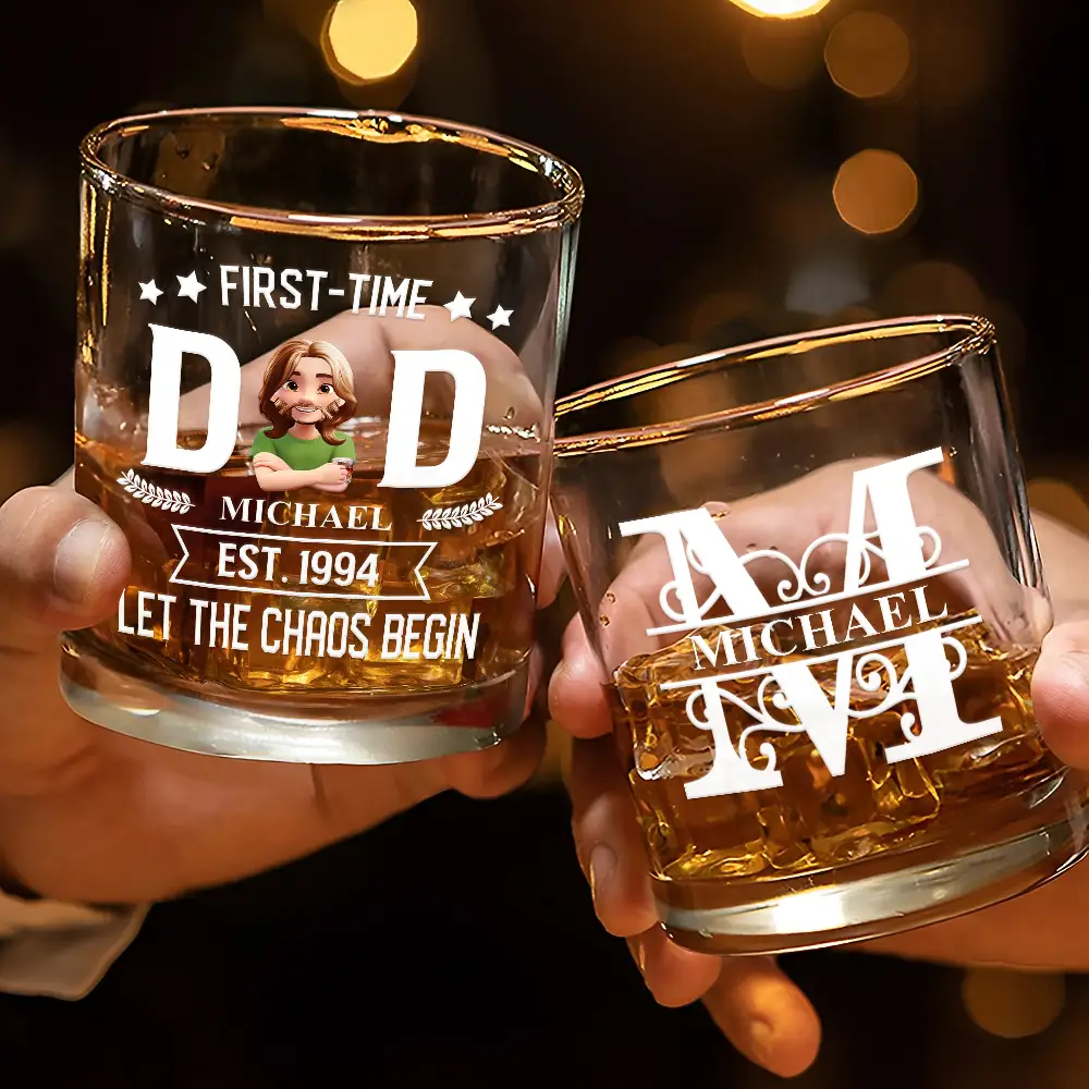 Monogram First Time Dad Est - Personalized Whiskey Glass - Image 3