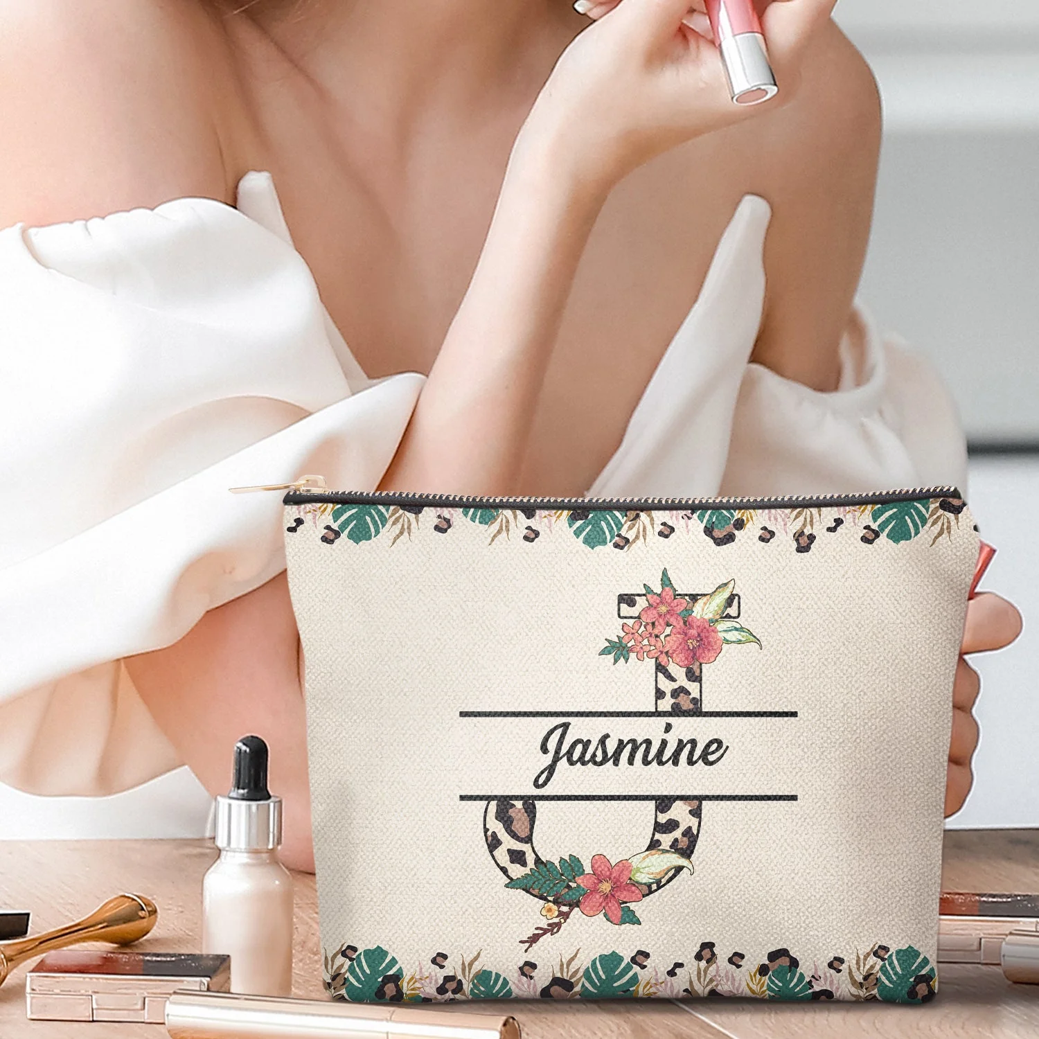 Monogram Letter Leopard Pattern - Gift For Women, Yourself - Personalized Cosmetic Bag - Image 2