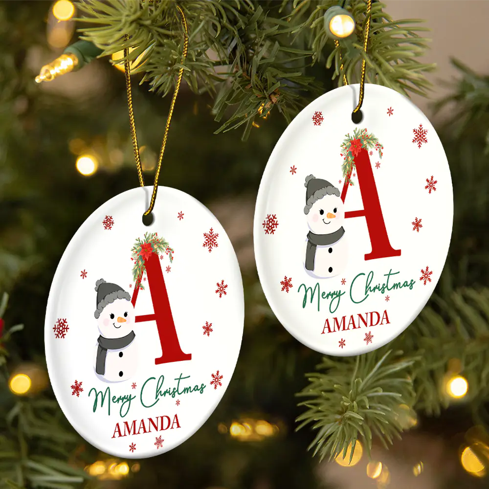 Monogram Name Merry Christmas - Personalized Combo Circle Ceramic Ornament Set - Image 2