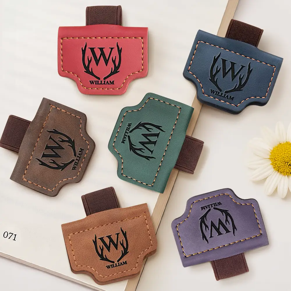 Monogram Name Simple Keepsake - Personalized Engraved Magnetic Leather Pen Clip - Image 2