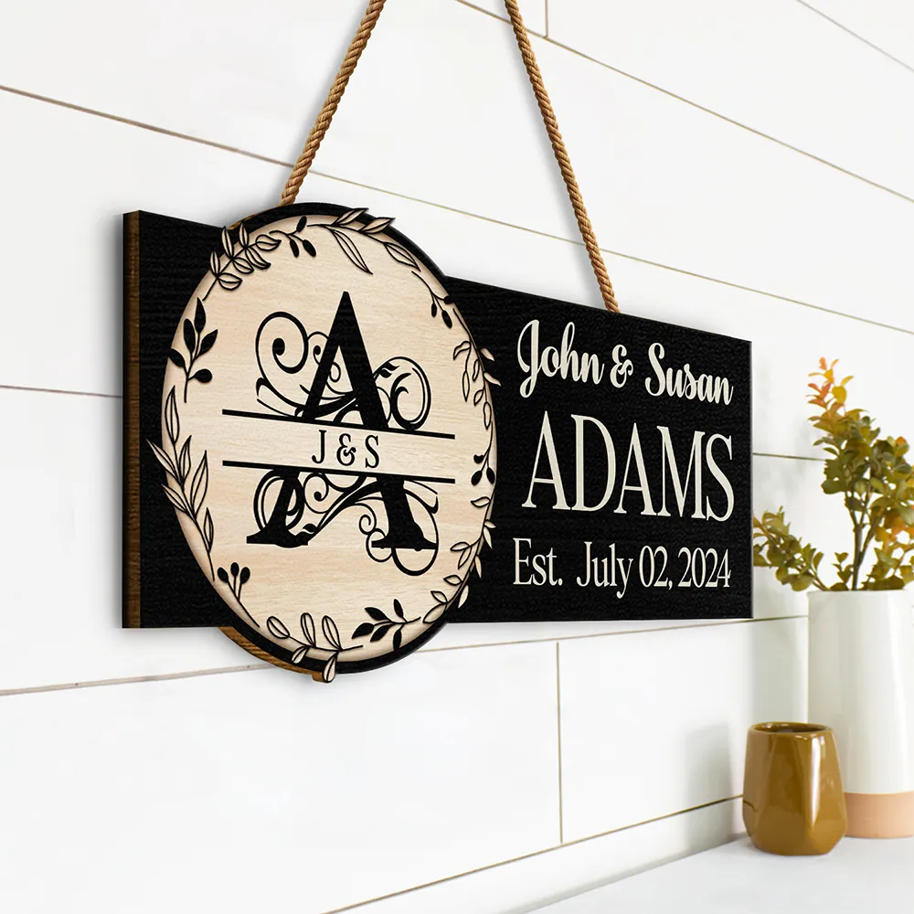 Monogram Wedding Gift Happily Married - Personalized Custom Shaped Wood Sign - Image 2