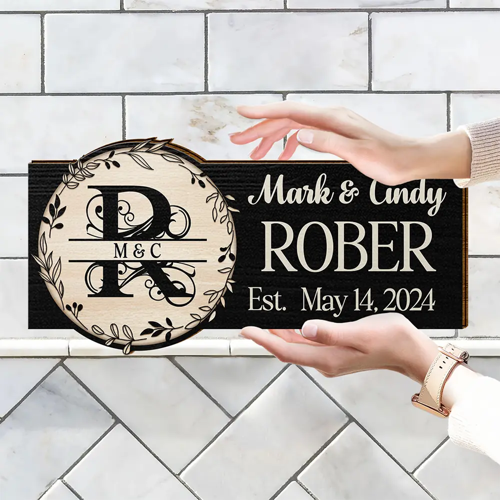 Monogram Wedding Gift Happily Married - Personalized Custom Shaped Wood Sign - Image 4