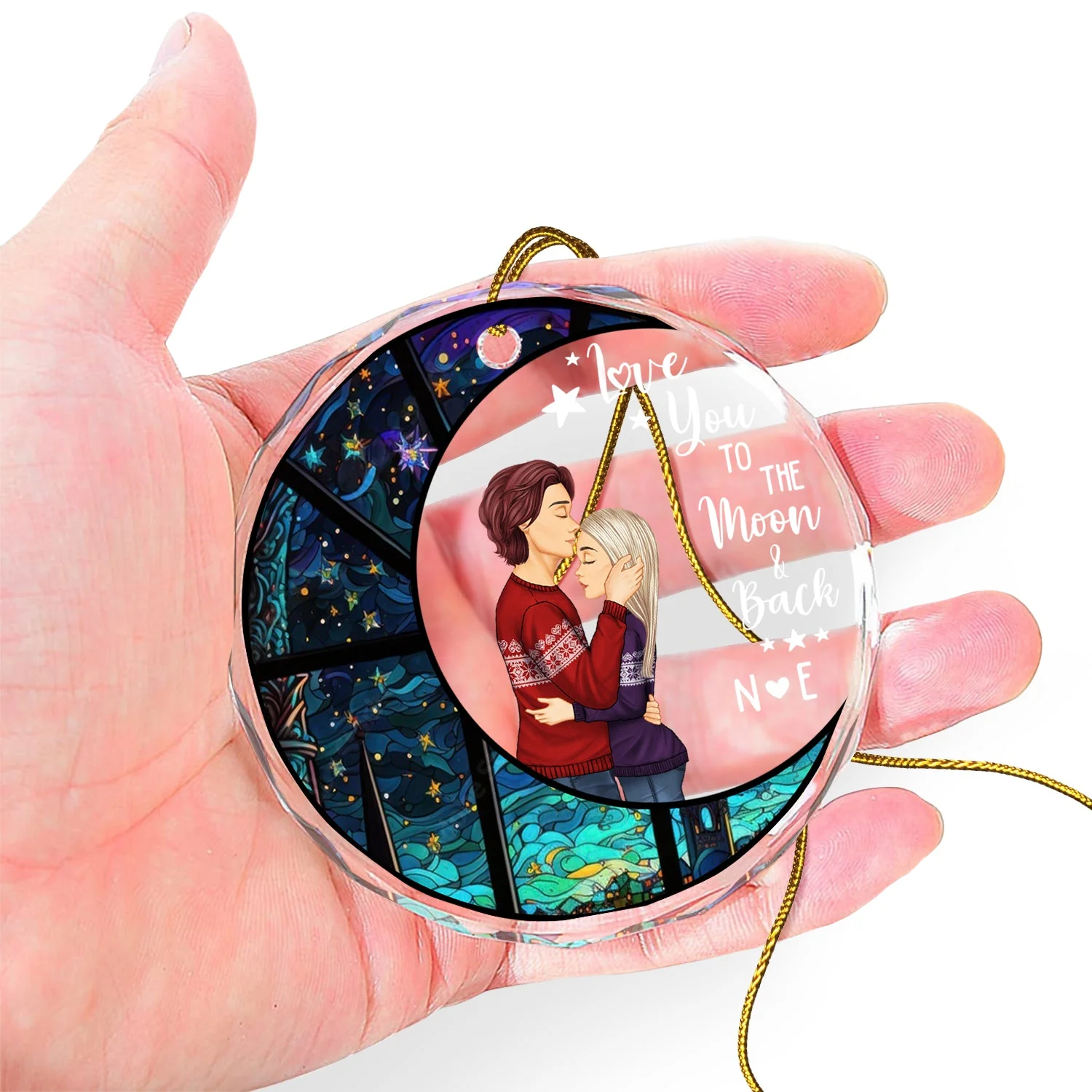 Moon & Back - Christmas Gift For Couples - Personalized Circle Glass Ornament - Image 4