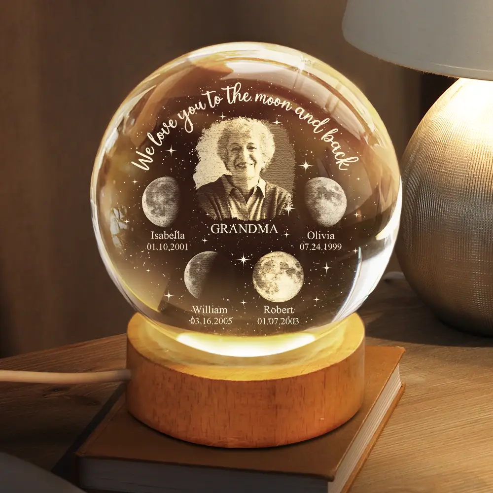 Moon Phase Custom Photo We Love You To The Moon And Back - Personalized Crystal Globe Lamp - Image 2