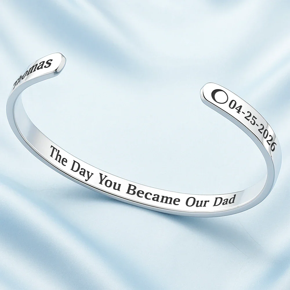 Moon Phase Icon The Day You Became My Dad Mom - Personalized Bangle Bracelet Cuff - Image 3