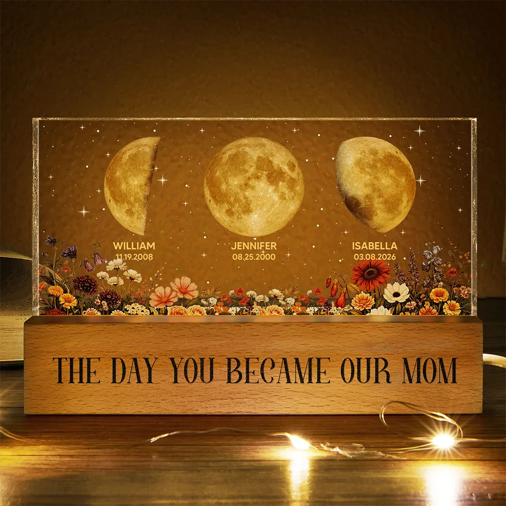 Moon Phase The Day You Become Mom Mum Grandma Vintage Style - Personalized Rectangle LED Light - Image 3