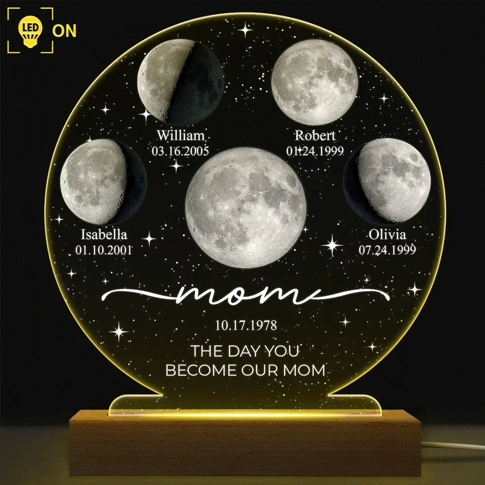 Moon Phase We Love You To The Moon And Back - Personalized 3D Led Light Wooden Base - Image 2