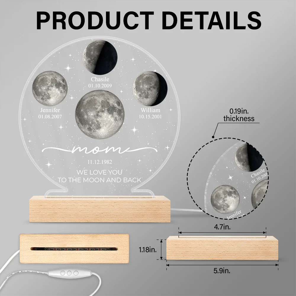 Moon Phase We Love You To The Moon And Back - Personalized 3D Led Light Wooden Base - Image 5