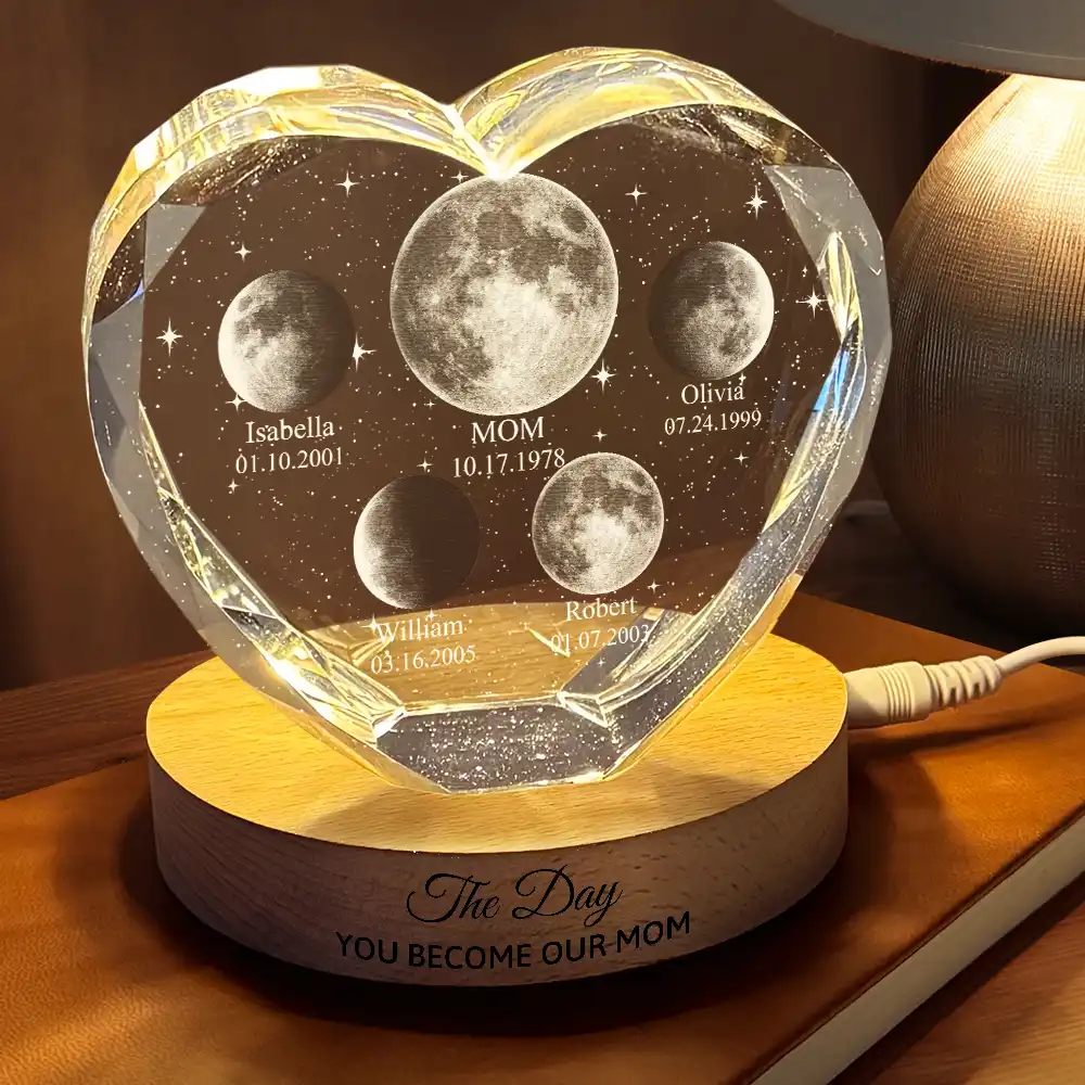 Moon Phase We Love You To The Moon And Back - Personalized Crystal Heart Shaped Lamp - Image 2