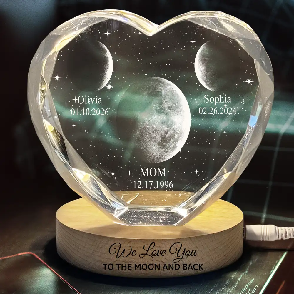 Moon Phase We Love You To The Moon And Back - Personalized Crystal Heart Shaped Lamp - Image 3