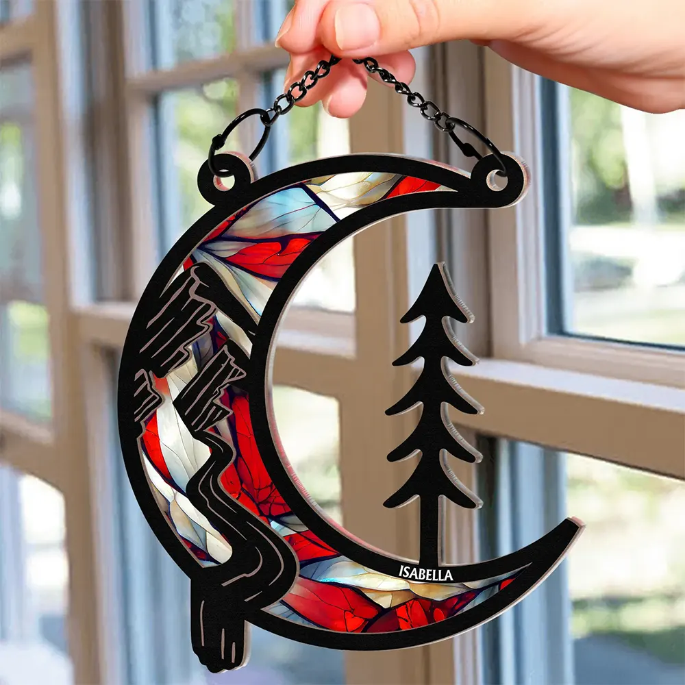 Moon Shape We Love You To The Wood And Back - Personalized Window Hanging Suncatcher Ornament - Image 2