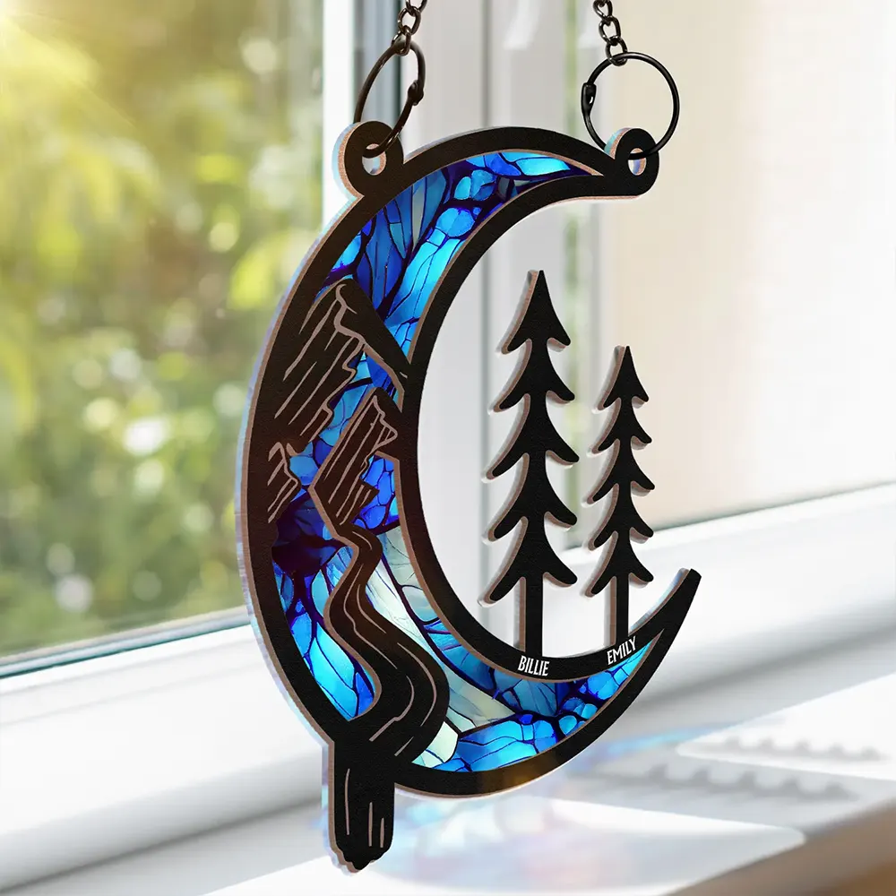 Moon Shape We Love You To The Wood And Back - Personalized Window Hanging Suncatcher Ornament - Image 3