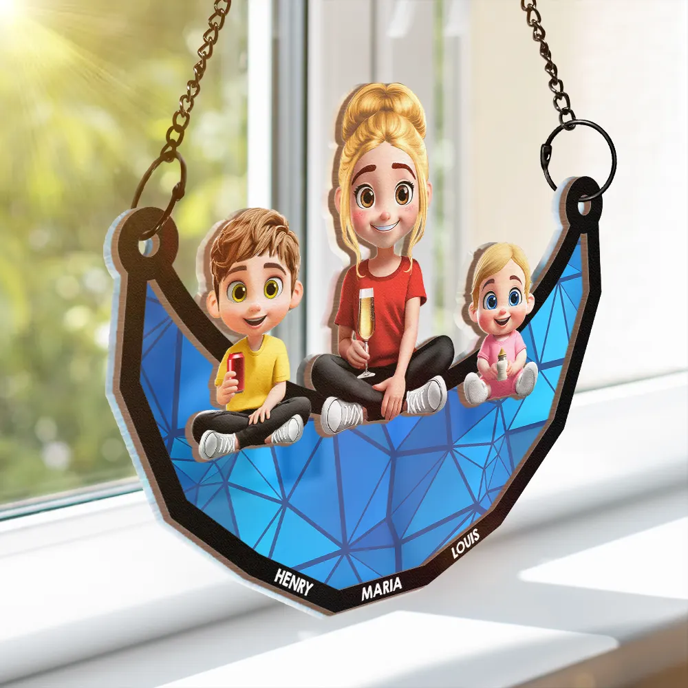 Moon Young Mother Daughter Son We Love You Mom 3D Cartoon - Personalized Window Hanging Suncatcher Ornament - Image 3