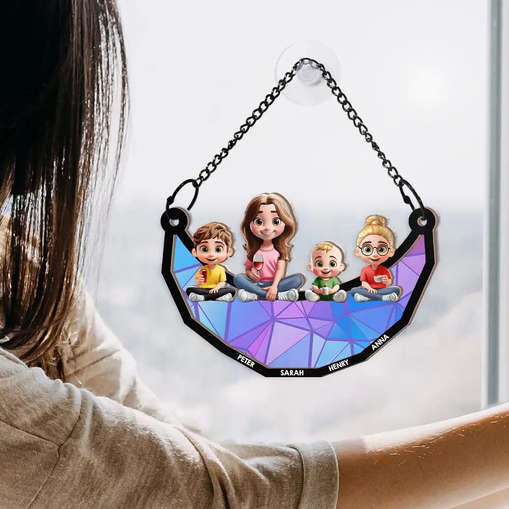 Moon Young Mother Daughter Son We Love You Mom 3D Cartoon - Personalized Window Hanging Suncatcher Ornament - Image 4