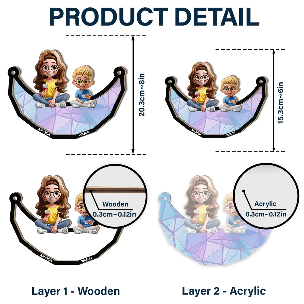 Moon Young Mother Daughter Son We Love You Mom 3D Cartoon - Personalized Window Hanging Suncatcher Ornament - Image 5